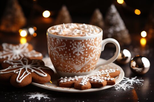Christmas homemade gingerbread cookie and cup with hot chocolate with marshmallows, Generative AI