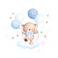 Watercolor Illustration cute teddy bear on the cloud with balloons