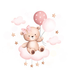 Watercolor Illustration cute teddy bear sits on the cloud with balloons3