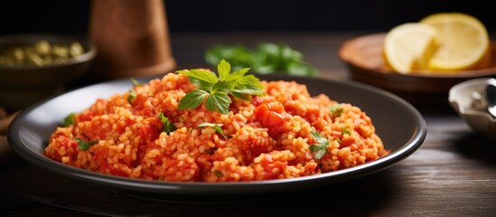 Traditional Turkish bulgur pilaf with tomato sauce served in a plate (Turkish name: meyhane pilavi). - obrazy, fototapety, plakaty