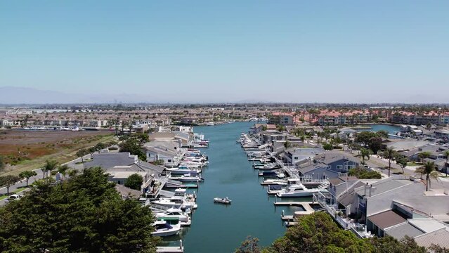 View of the Harbor and Beach Houses  at Oxnard Shores in Ventura, California - Beautiful Drone Footage of a Sunny Day and Pacific Ocean