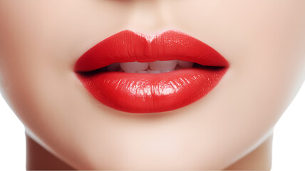 Fototapeta premium Front view, Close up of young woman's beautiful full lips with neon red lipstick on transparent background. white and bright teeth. 