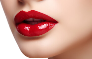 Obraz premium Close up of young woman's beautiful full lips with bright red lipstick on transparent background.