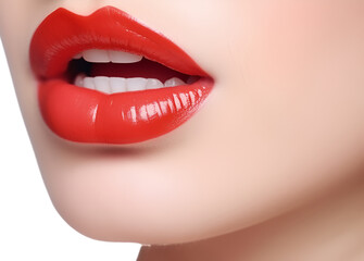 Close up of young woman's beautiful full lips with maple color lipstick  on transparent background.