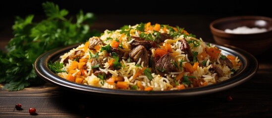 Turkish version: Acem pilavi - a traditional pilaf with carrots and meat, also known as Persian pilaf. - obrazy, fototapety, plakaty