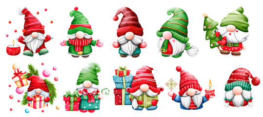 Set of cute Christmas Gnome Clipart Sticker on transparent background, generated ai