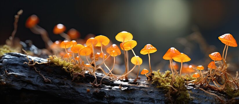 Physarum slime mold, a type of slime mold or myxomycete, spreads on dead leaves, forming an orange and granular plasmodium. These unique organisms gather from microscopic amoebae.