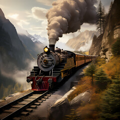 A vintage steam locomotive traveling through a mountain pass