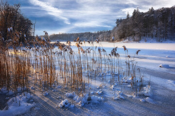 A winter lake covered with ice, a fairy-tale atmosphere, winter. Poland, around Otomin