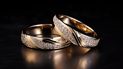 A pair of luxury diamond rings, texture, shadow on the ground, on black background.