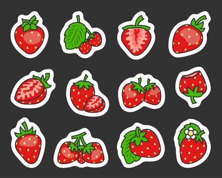 Strawberry summer fruit. Sticker Bookmark. Natural food, organic dessert sweet, fresh berry. Hand drawn style. Vector drawing. Collection of design elements.