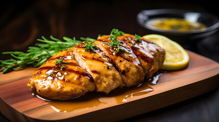 Grilled chicken breast glazed with honey mustard sauce. photo for the restaurant menu, macro photo