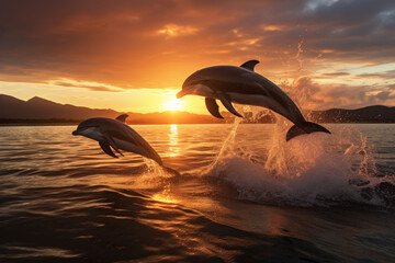 A group of beautiful bottlenose dolphins leap out of the sea at sunset.
