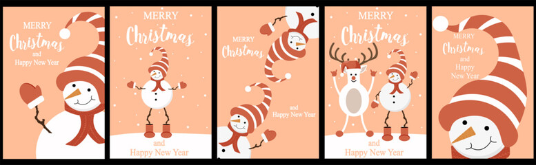Christmas greeting card cover design. Christmas Peach fuzz background with Cartoon Snowman. XMAS banner template. Vector illustration can used web site, brochure, poster, social media and print.