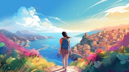 A vibrant and lively vector-style illustration of a woman, a tourist with a backpack, walking through a beautiful and colorful travel destination - obrazy, fototapety, plakaty