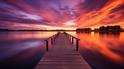 A serene lakeside scene with a wooden dock, calm water, and a colorful sunset in the background