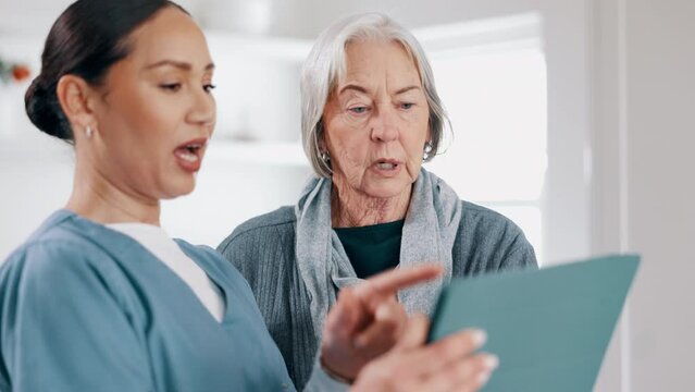 Senior woman, home nurse and tablet for healthcare results, talking of insurance and planning medical care. ADN caregiver or doctor with retirement help and advice for elderly patient on digital tech