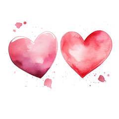 Two watercolor red and purple splash hearts side by side isolated on a transparent background