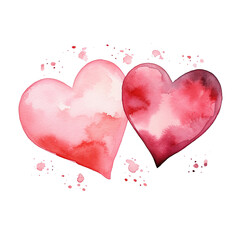 Two watercolor red and purple splash hearts with small splashes isolated on a transparent background