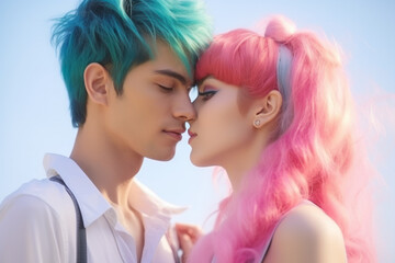 Portrait of a young kawaii style couple kissing with tropical turquoise and pink colors - obrazy, fototapety, plakaty