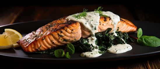 Grilled salmon with spinach, cream, and lemon. - obrazy, fototapety, plakaty