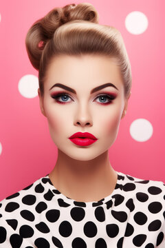 Portrait photo of a young glamorous woman with bold eyebrows and bold big pink lips wearing black and white polka dot outfit and pink background