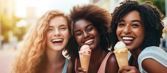 Three young women having fun and enjoying summer vibes together while taking a selfie outdoors and eating ice cream.