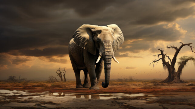 Close-up photo of a beautiful adult African elephant in the plains under the sunset sky.