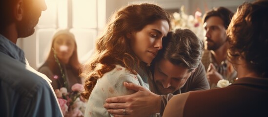 Fototapeta premium Supportive embraces between sad patients in a therapy session, sharing and relieving pressure.