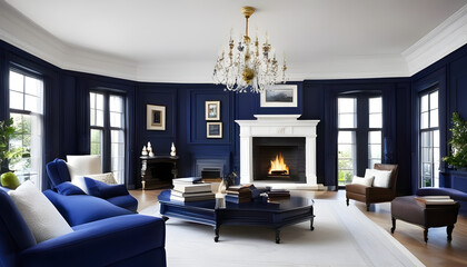luxury blue beautiful living room with trim and fireplace