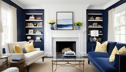 Fototapeta na wymiar luxury blue beautiful living room with trim and fireplace