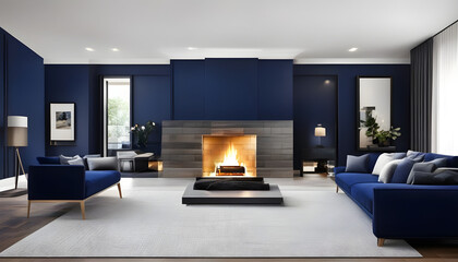 luxury blue beautiful living room with trim and fireplace - obrazy, fototapety, plakaty