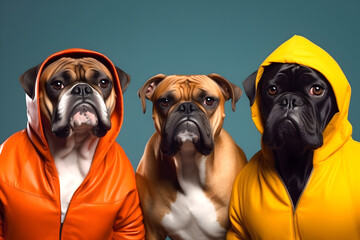 Gang family of boxer dog in vibrant bright fashionable outfits, commercial, editorial advertisement, surreal surrealism. Group shot.	
