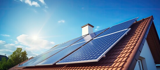 Solar panels on suburban house roof, saving energy, under blue sky. - obrazy, fototapety, plakaty