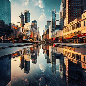 A cityscape with reflections in a glass skyscraper.