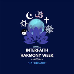 World Interfaith Harmony week in 1-7 February. Aesthetic icon art with typography design