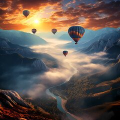 A cluster of hot air balloons over a misty valley.