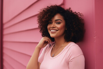 Portrait of a full-bodied woman smiling, wearing pink clothing in front of a pink background