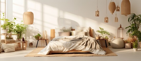 Natural-toned Scandinavian bedroom with cozy ambiance, featuring houseplants and lanterns.