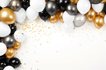 Golden, black and white balloons with sparkles on white background