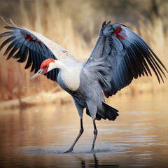 Crane lands on the lake