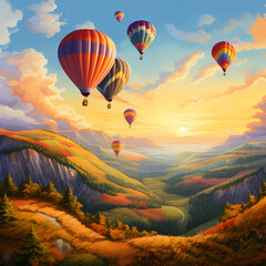 A cluster of hot air balloons over rolling hills.