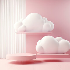 Fototapeta premium Beautiful 3D background. Mockup, template to present your product. Pink podium and clouds 