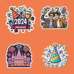 Set of new year party vector stickers,  party joyful illustrations