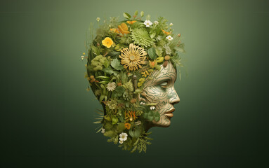 Human head with green leaves flowers, concept sustainability environment idea Mental health, emotional wellness, contented emotions, self care, psychology, green thinking, ecology concept