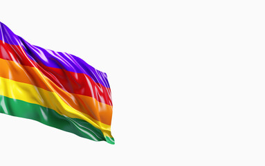 Rainbow flag waving in the wind against Isolated white background, LGBTQ+ pride freedom concept isolated white background 
