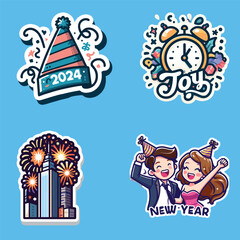 Set of new year party 2024 vector stickers,  happy, party joyful illustrations