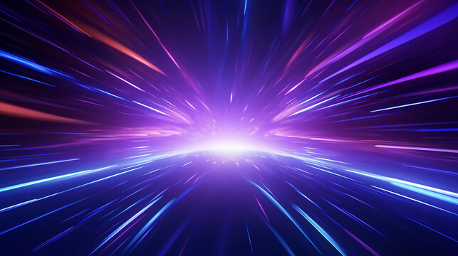 neon light effect background. Purple and blue beam stretching into form of tunnel. Concept of high speed. High Speed Lines With Focus. High speed. Radial motion blur background.