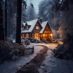 A cozy cottage nestled in a snowy woodland.