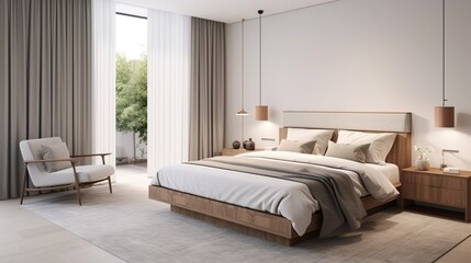 A wide-angle view of the bedroom in Scandinavian Chic Resting Place, showcasing the simplicity and elegance of Scandinavian design with minimalistic furnishings and thoughtful arrangements.
